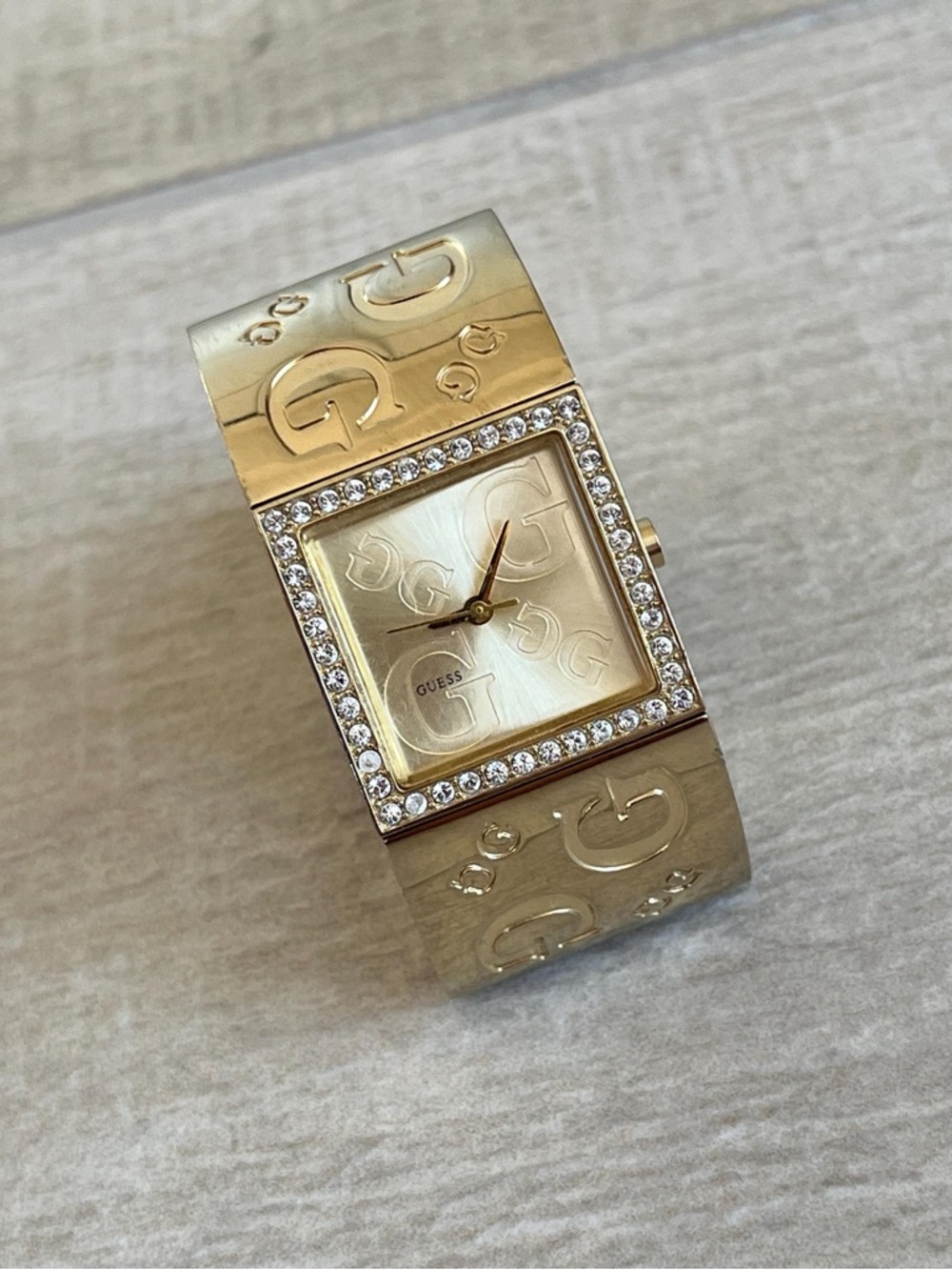 GUESS Gold Crystal Trim GG Monogram Vintage Bracelet Watch